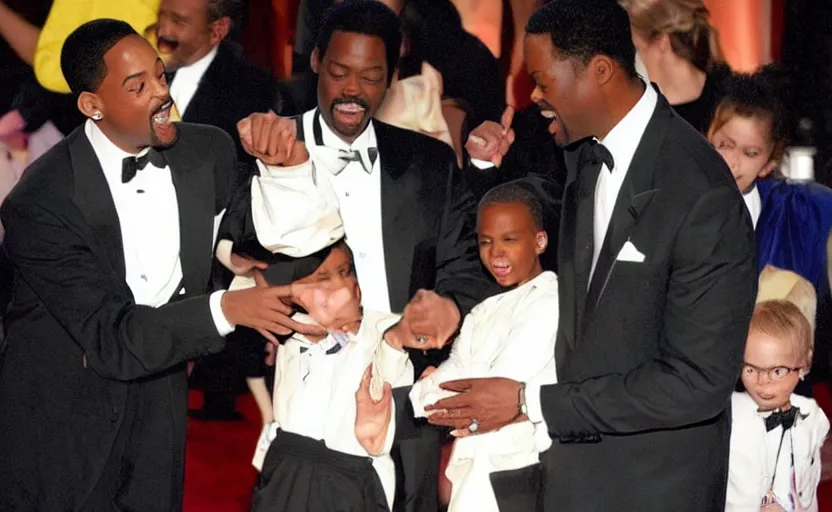 Prompt: a child\'s drawing of Will Smith slapping Chris Rock on stage at the academy awards - H 512