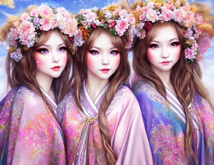 Image similar to two beautiful fashion siberian girls wear fantasy kimono in festival | | big eyes, sunny, dreamlike art, realistic shaded, smile, good looking, hyper details, 4 k realistic, cryengine, realistic shaded lighting poster by artgerm, ross tran, fuji choko, loish, 8 k resolution, trending on artstation, luxury