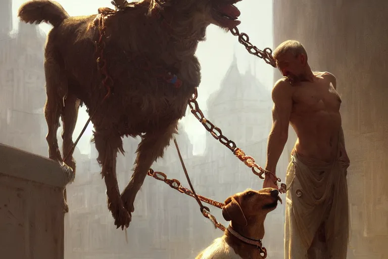 Image similar to a man tied to a pillar and jack russel terrier pissing on him, highly detailed, hyperrealistic digital painting, artstation, concept art, smooth, sharp focus, illustration, cinematic lighting, art by artgerm and greg rutkowski and alphonse mucha