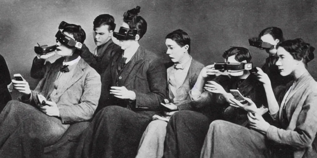 Image similar to 1 9 0 0 s photo of people using iphones ipods virtual reality headsets vr watching hd tv