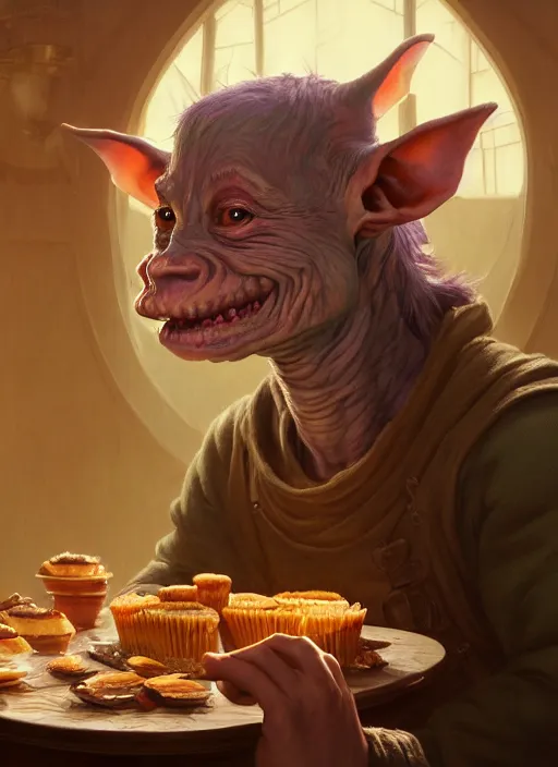 Prompt: highly detailed portrait of a medieval goblin eating cakes, stephen bliss, unreal engine, greg rutkowski, loish, rhads, beeple, makoto shinkai and lois van baarle, ilya kuvshinov, rossdraws, tom bagshaw, tom whalen, alphonse mucha, global illumination, god rays, detailed and intricate environment