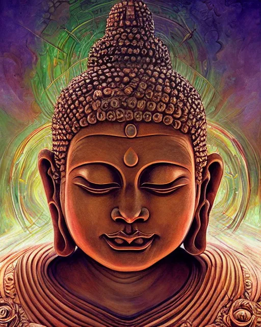 Image similar to buddha smiling, by antonio j. manzanedo, giger, alex grey, android jones, wayne barlowe, philippe druillet, raymond swanland, cyril rolando, josephine wall, harumi hironaka, trending on artstation