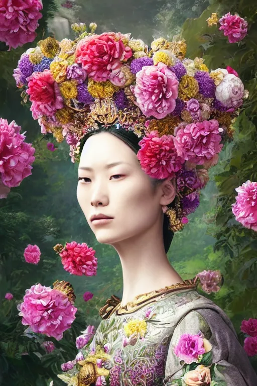 Image similar to a beautiful portrait of an empress in her garden, with a brilliant, impossible striking big flower headpiece, clothes entirely made out of flowers, symmetrical, closeup, dramatic studio lighting, rococo, baroque, jewels, asian, hyperrealism, D&D, fantasy, intricate, elegant, highly detailed, digital painting, artstation, octane render, 8k, concept art, matte, sharp focus, illustration, art by Artgerm and Greg Rutkowski and Alphonse Mucha