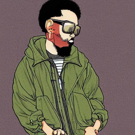 Image similar to illustration by katsuhiro otomo, black man with afro hair, raspy beard stubble, wearing an adidas army green jacket, in the streets of tokyo, akira style, by katsuhiro otomo