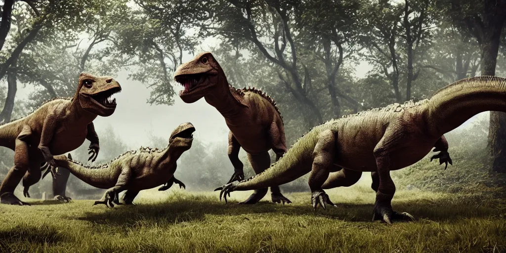 Prompt: mating dinosaurs in pre - historic times, [ nature documentary, photography, photoreal, cinematic, octane render, 4 k ]