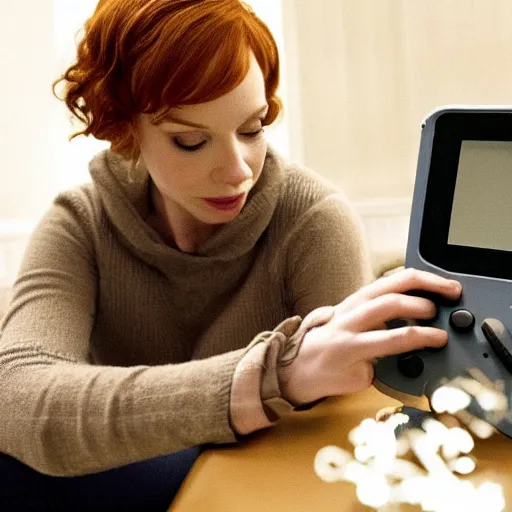 Image similar to a still of Christina Hendricks playing with a Gameboy, in the movie Arrival, highly detailed and intricate, sharp image, cinematic lighting, 8k HDR