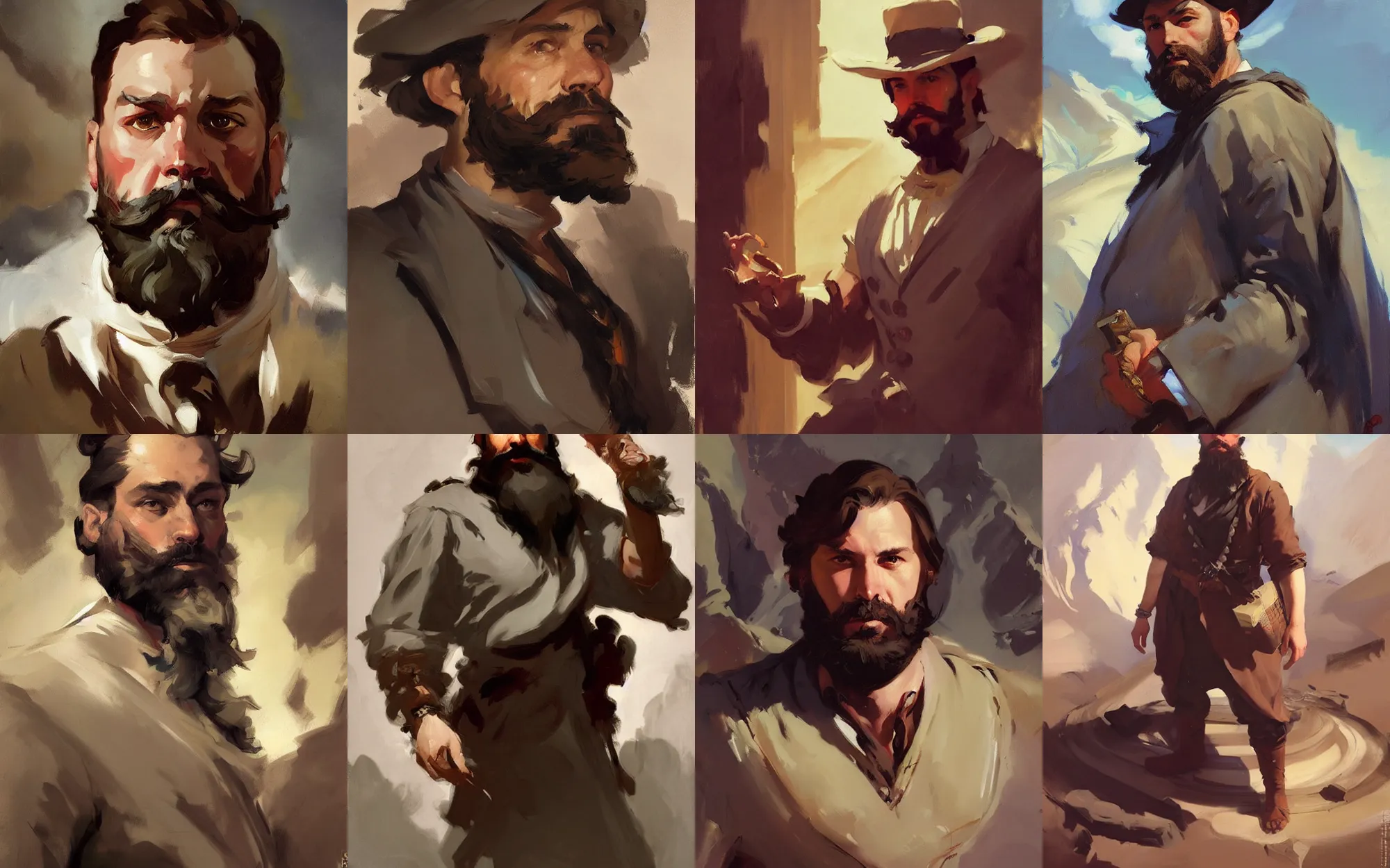 Image similar to portrait of bearded man traveler greg manchess painting by by sargent and leyendecker, d & d, fantasy, medium shot, asymmetrical, intricate, elegant, matte painting, illustration, hearthstone, by greg rutkowski, by greg tocchini, by james gilleard, by joe fenton