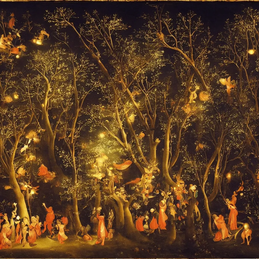 Image similar to renaissance painting of a night carnival around a magical tree cavity, with a surreal orange moonlight and fireworks in the background, next to a lake with iridiscent water, christmas lights, folklore animals and people disguised as fantastic creatures in a magical forest by summer night, masterpiece painted by koson ohara, scene by night, dark night environment, refraction lights, glares