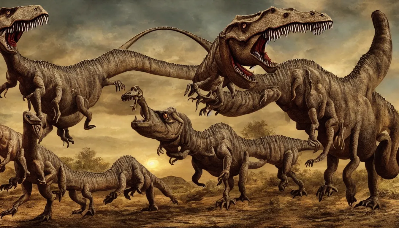 Prompt: discovery of dinosaurs, old style, historic, pre war, antique, authentic, nostalgic, very detailed, realistic, 4 k