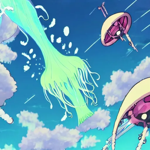 Image similar to A giant flying jellyfish spaceship, anime style