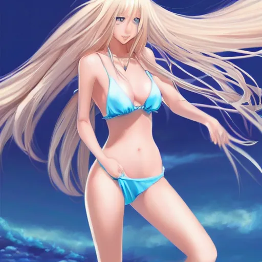 Image similar to a very beautiful young anime girl with 2 0 meters extremely long blond hair, full body, extremely long wavy 2 0 meters long blond hair, sky blue eyes, full round face,, bikini, miniskirt, front shot, extremely long thick blond hair, highly detailed, cinematic wallpaper by stanley artgerm lau