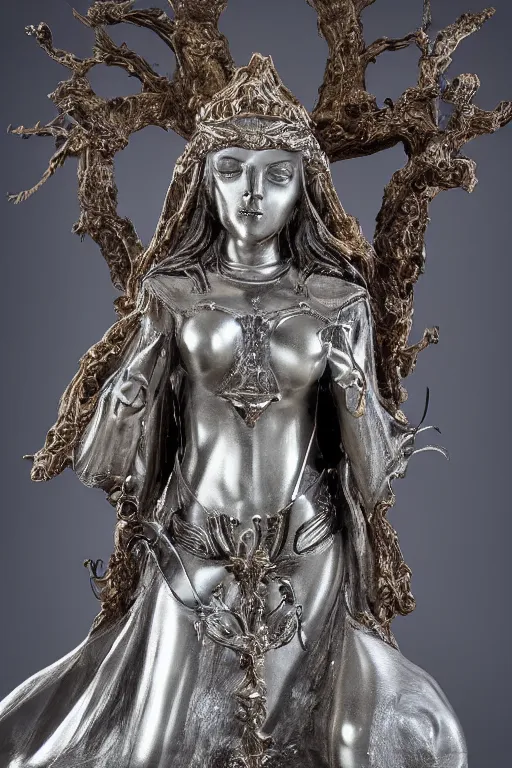 Image similar to a cinematic view of a ornated intricate gothic sacred statue of medieval maiden wizard made in light concrete, with few ornaments in shiny polished chrome, sculpted by hedi xandt and gaudi