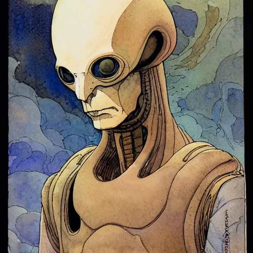 Prompt: a simple and atmospheric watercolour portrait of a pulp sci - fi alien god, very muted colors, by rebecca guay, michael kaluta, charles vess and jean moebius giraud