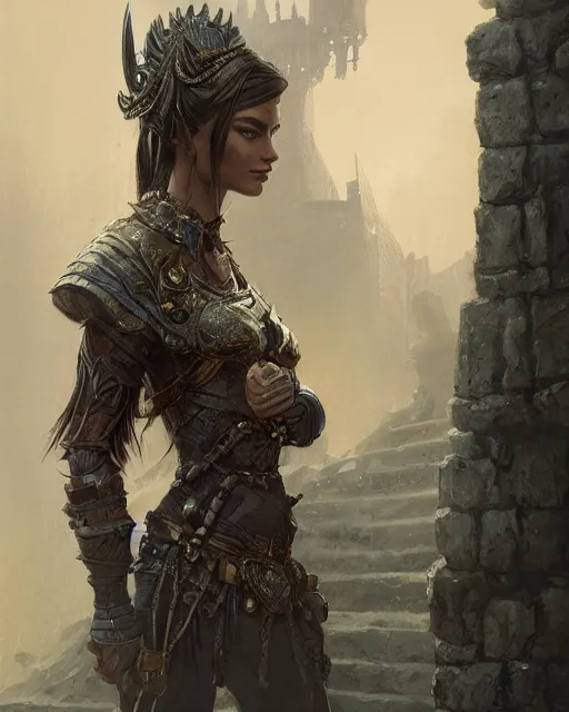 Image similar to A beautiful warrior walking up the castle stairs, beautiful face, highly detailed face, close-up, fantasy art, female art, in the style of greg rutkowski, illustration, epic, fantasy, intricate, hyper detailed, artstation, concept art, smooth, sharp focus, ray tracing