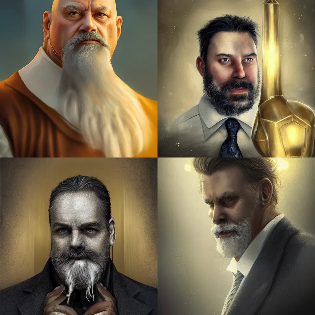 Prompt: a heavy set man university professor with a salt and pepper goatee teaches computer science, fantasy, illustration, artstation, cinematic lighting, hyperdetailed, cgsociety, 8k Resolution, high resolution, Charlie Bowater, Tom Bagshaw, Tom Richmond, insanely detailed and intricate, beautiful, elegant, golden ratio, royal swan insignia in background