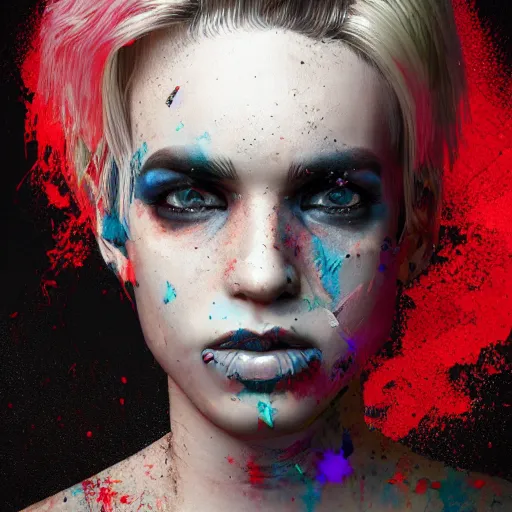 Prompt: portrait made out of exploding paint, punk rock women, short blond hair, octane render, highly detailed, comic book art