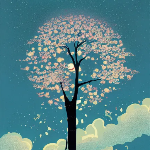 Image similar to a big cherry tree with petals flying in the sky, moonlight, by Victo Ngai, artstation, Detail, HD