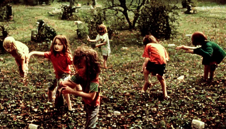 Image similar to 7 0 s film still from a horror movie of young children playing in a graveyard, kodachrome, cinecolor, cinestill, photorealism, cinematic, film grain, film texture, vhs recording