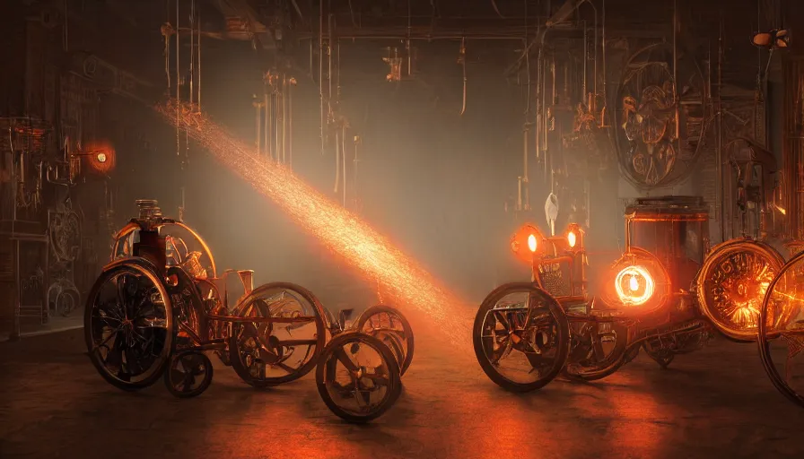 Prompt: A glowing electrical Steampunk wheelchair in a victorian museum, james gurney, cinematic lighting, lots of steam and sparks, wires made of copper, artstation, vibrant nature, Tuomas Korpi, tekkon kinreet, volumetric light, artstation, , octane render, redshift render, low angle camera, rich deep moody colors