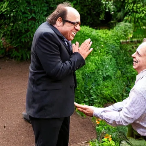 Image similar to danny devito proposing to steve buscemi in a romantic garden