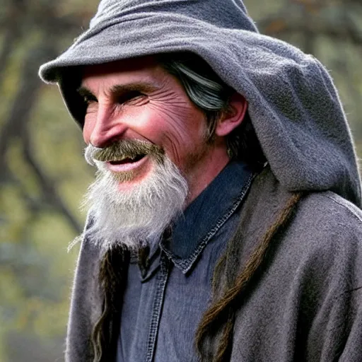 Image similar to christian bale as an old druid wizard, bald, bushy grey eyebrows, long grey hair, disheveled, wise old man, wearing a grey wizard hat, wearing a purple detailed coat, a bushy grey beard, sorcerer, he is a mad old man, laughing and yelling