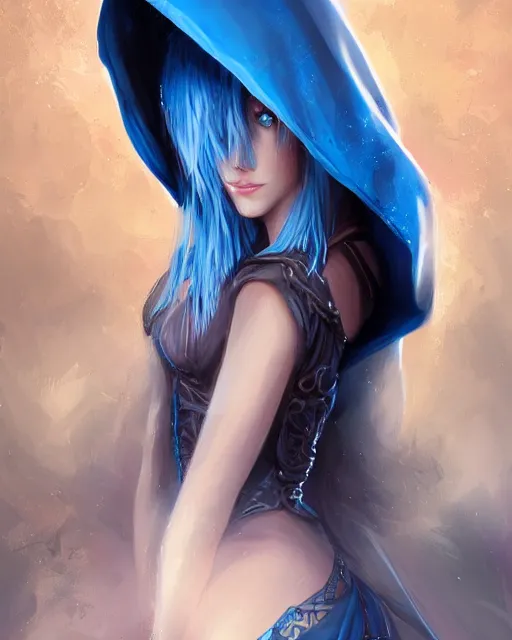 Image similar to A beautiful mysterious girl with hooded cobalt-blue eyes and silky white hair, guitar shape build, her wardrobe is attractive, full body, fantasy art, in the style of Tony Sart, illustration, epic art, fantasy, intricate, elgant, amazing detail, digital painting, artstation, concept art, smooth, sharp focus