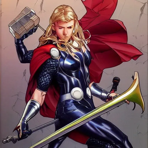 Image similar to thor perfect coloring, low saturation, epic composition, masterpiece, bold complimentary colors. stunning masterfully illustrated by artgerm, range murata, alphonse mucha, katsuhiro otomo