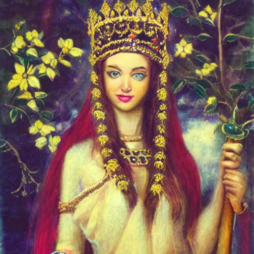 Prompt: maiden crowned with a garland of bright radiance