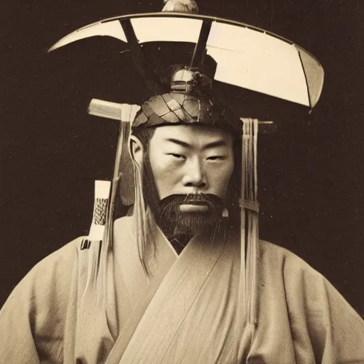 Prompt: a japanese samurai, focused, looking at the camera, photography