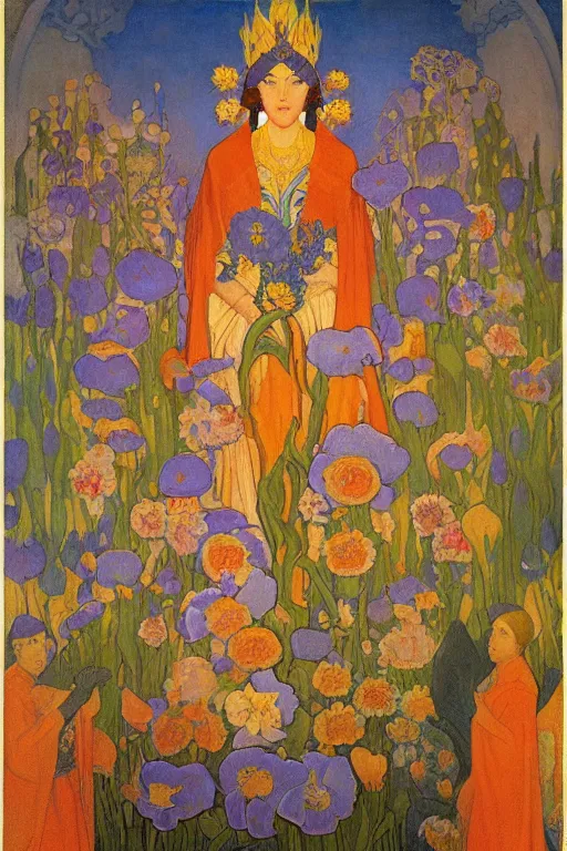 Image similar to queen of flowers, by Nicholas Roerich and Annie Swynnerton and Diego Rivera and jean delville, dramatic cinematic lighting , ornate headdress , flowing robes, sacred artifacts, lost civilizations, smooth, sharp focus, extremely detailed