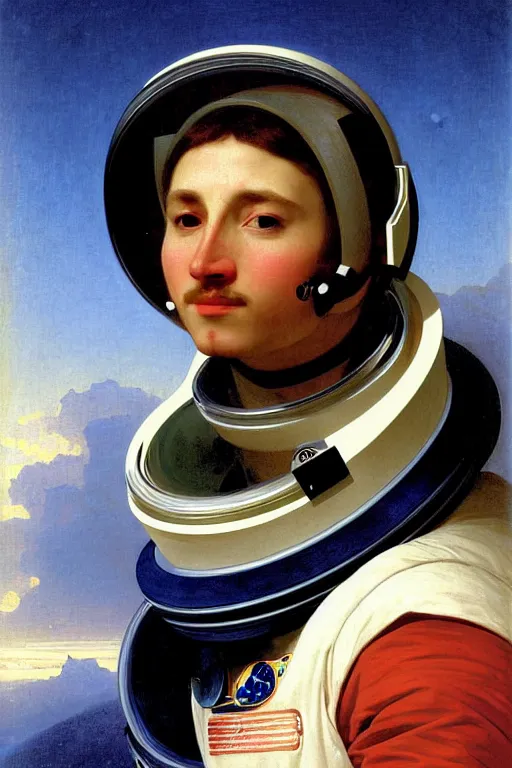 Prompt: a portrait of a male astronaut, wearing a spacesuit and helmet, by bouguereau