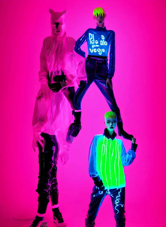 Prompt: Die Antwoord style wear, bubble gum, neon light, balenciaga fashion, glowing purple, vibrant red, fashion studio lighting, cinematic, high realistic,vogue magazine style