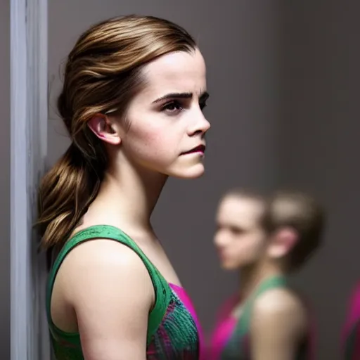 Image similar to emma watson pondering her reflection in the mirror, light, colorful 4 k photorealistic