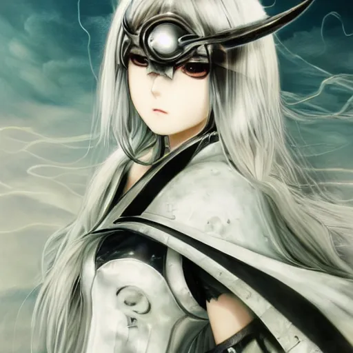 Image similar to Blurred and dreamy illustration of an anime girl with a pirate eye patch, wavy white hair and cracks on her face wearing elden ring armour with the cape fluttering in the wind, Yoshitaka Amano, abstract black and white patterns on the background, noisy film grain effect, highly detailed, Renaissance oil painting, weird portrait angle