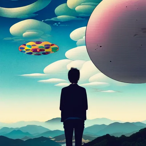 Image similar to a man walking on clouds away from the camera above kyoto by takashi murakami, beeple and james jean, aya takano color style, 4 k, super detailed, modern, 4 k, symmetrical