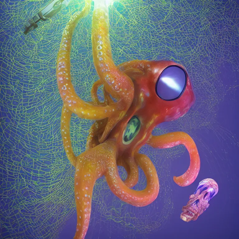 Prompt: octane render portrait by wayne barlow and carlo crivelli and glenn fabry, a colorful deep ocean mariana trench squid octopus jellyfish creature made out inflated clear iridescent plastic bags and bioluminescence wearing shiny reflective scuba diver glass facemask with human eyes and small lights inside, cinema 4 d, ray traced lighting, very short depth of field, bokeh