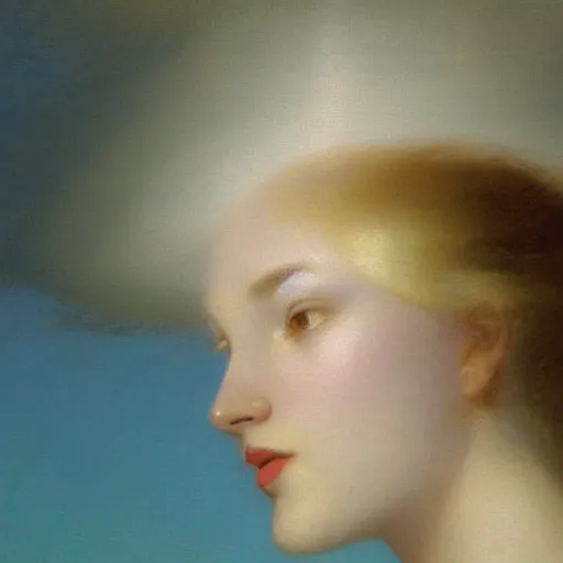 Image similar to a young woman's face, her hair is calcium white and she wears an cobalt blue satin cloak, by ivan aivazovsky and syd mead and moebius and gaston bussiere and roger dean and pieter claesz and paul delaroche and alma tadema and aelbert cuyp and willem claesz, hyperrealistic, volumetric light, octane render