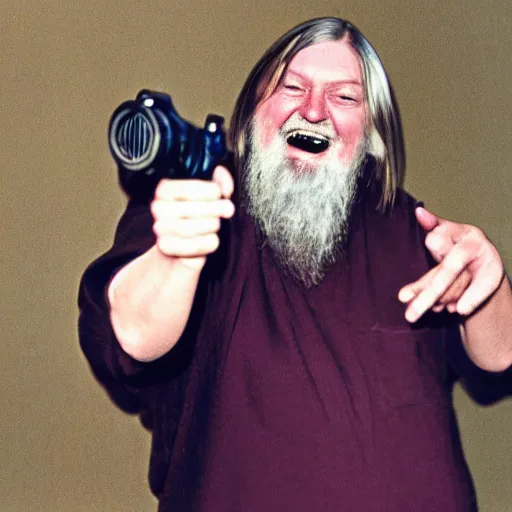 Image similar to robert wyatt laughing maniacally and pointing a gun directly at the camera