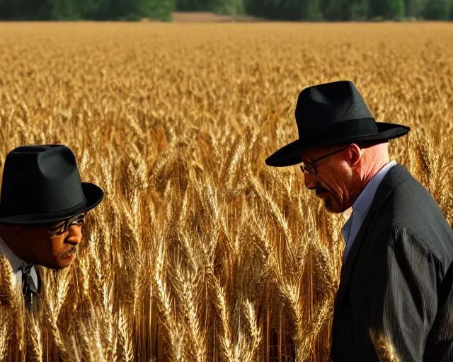 Image similar to walter white wearing a hat and gustavo fring facing each other in a wheat field, long shot, side view, 3 5 mm photograph, 8 k resolution, wide shot, sharp lens