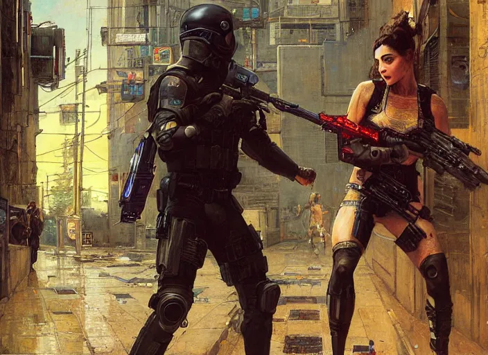 Prompt: Sophia evades sgt Griggs. Athletic Cyberpunk hacker escaping Menacing Cyberpunk police trooper griggs. (dystopian, police state, Cyberpunk 2077, bladerunner 2049). Iranian orientalist portrait by john william waterhouse and Edwin Longsden Long and Theodore Ralli and Nasreddine Dinet, oil on canvas. Cinematic, vivid colors, hyper realism, realistic proportions, dramatic lighting, high detail 4k