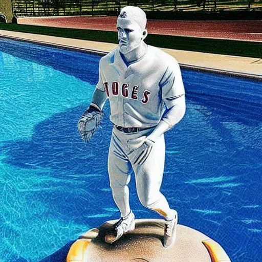 Image similar to “a realistic detailed photo of a guy who is named Mike Trout a baseball player, frozen like a statue, with shiny skin, by a pool, on display”