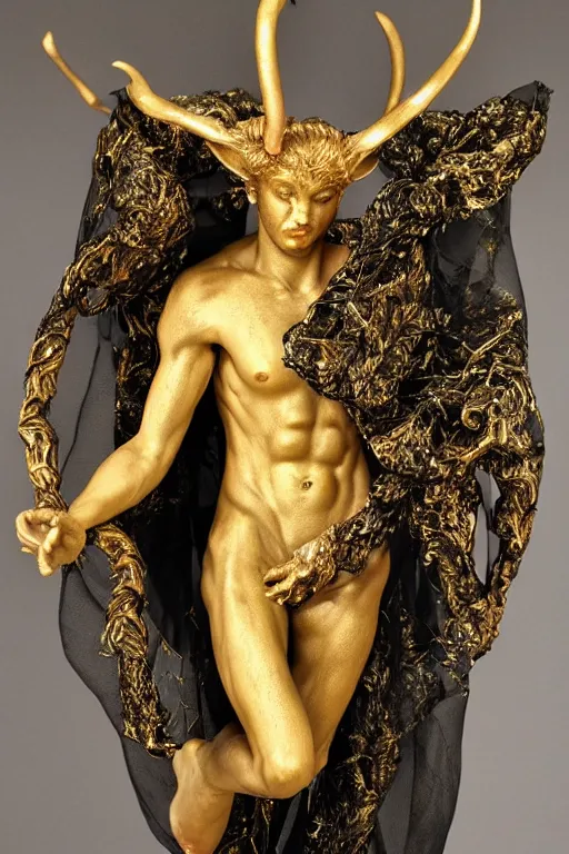 Prompt: a cinematic view of a ornated intricate mystic faun statue made by hedi xandt, chris haas and bernini, realistic, macabre art, partially covered by a wrapped black fabric veil, using few gold ornaments detailed image