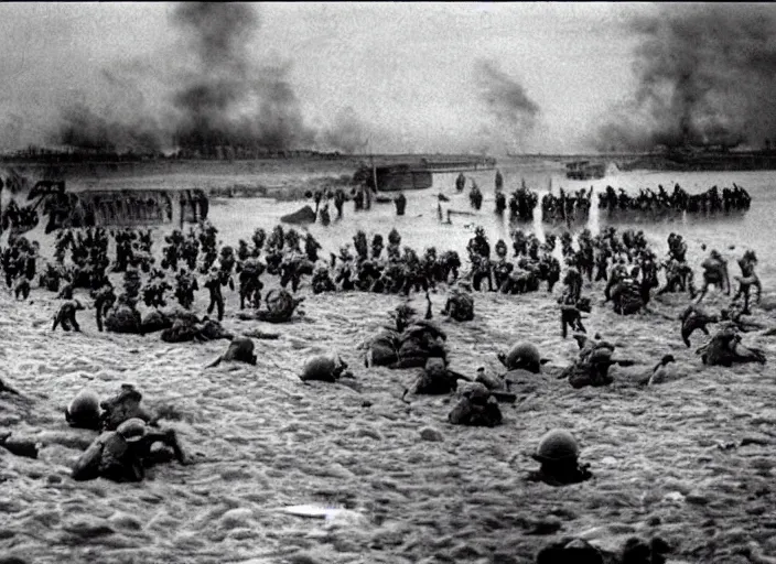 Prompt: minions storming the beaches of Normandy on d-day, world war 2 old photo, grainy