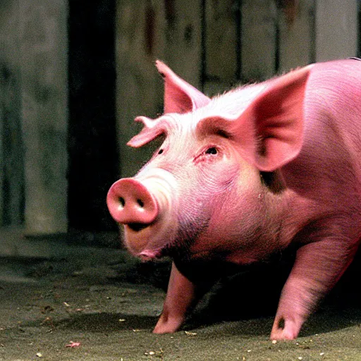 Image similar to creppy 2 0 0 3 photo of a pig masked man screaming in a dark red slaughterhouse