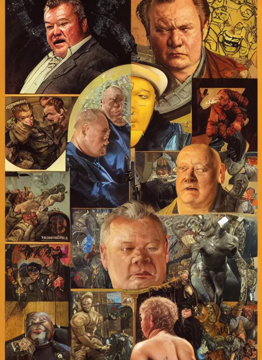 Image similar to portrait of ray winstone as baron vladimir harkonnen, dynamic, by norman rockwell and craig mullins and lawrence alma tadema and jack kirby and greg staples and nc wyeth and tom lovell, arstation baron character