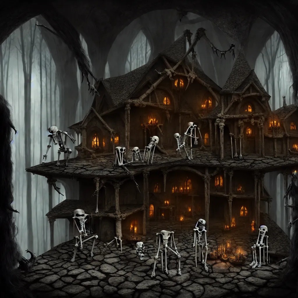 Prompt: evil witches wearing animal bones, bones, inside stone home, a detailed matte painting, fantasy, foggy, dark, 8 k