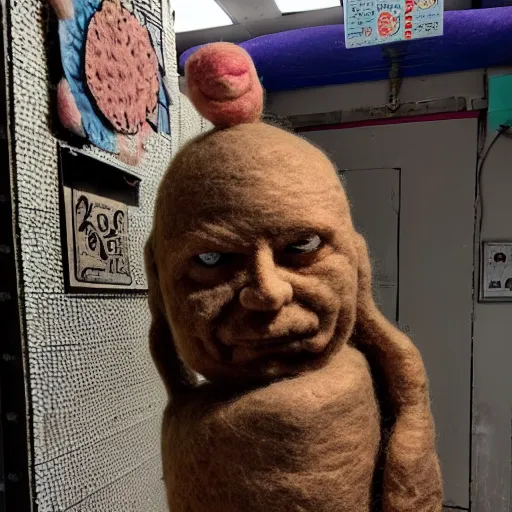 Image similar to photo of a larger than life sized needle - felted 2 0 0 year old wrinkly man covered in warts and skin tags sitting behind a needle felted dumpster in a needle felted alley way with low light and dark shadows