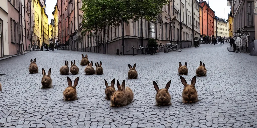 Prompt: a street in stockholm full of rabbits