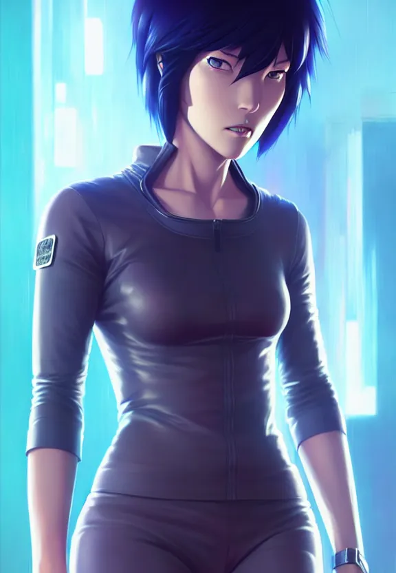 Image similar to a fullbody portrait of motoko kusanagi the major ghost in the shell : : stand alone complex, under repairs, maintenance : : by ilya kuvshinov, rossdraws, artgerm, sola digital arts, anti aliasing, raytracing : :