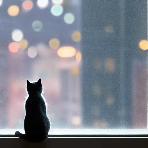 Image similar to back of cute cat sitting in front of a window looking out at a rainy city, cozy indoor lighting, bokeh city lights, 8 k, pixar, octane render